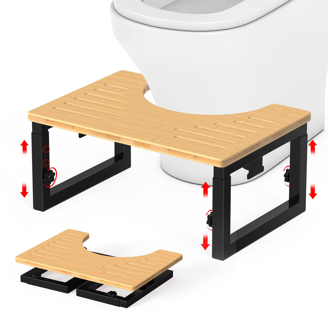 Toilet Stool Squat Adult Foldable WC Hocker Metal Leg & Bamboo Surface Height Adjustable Bamboo Dura