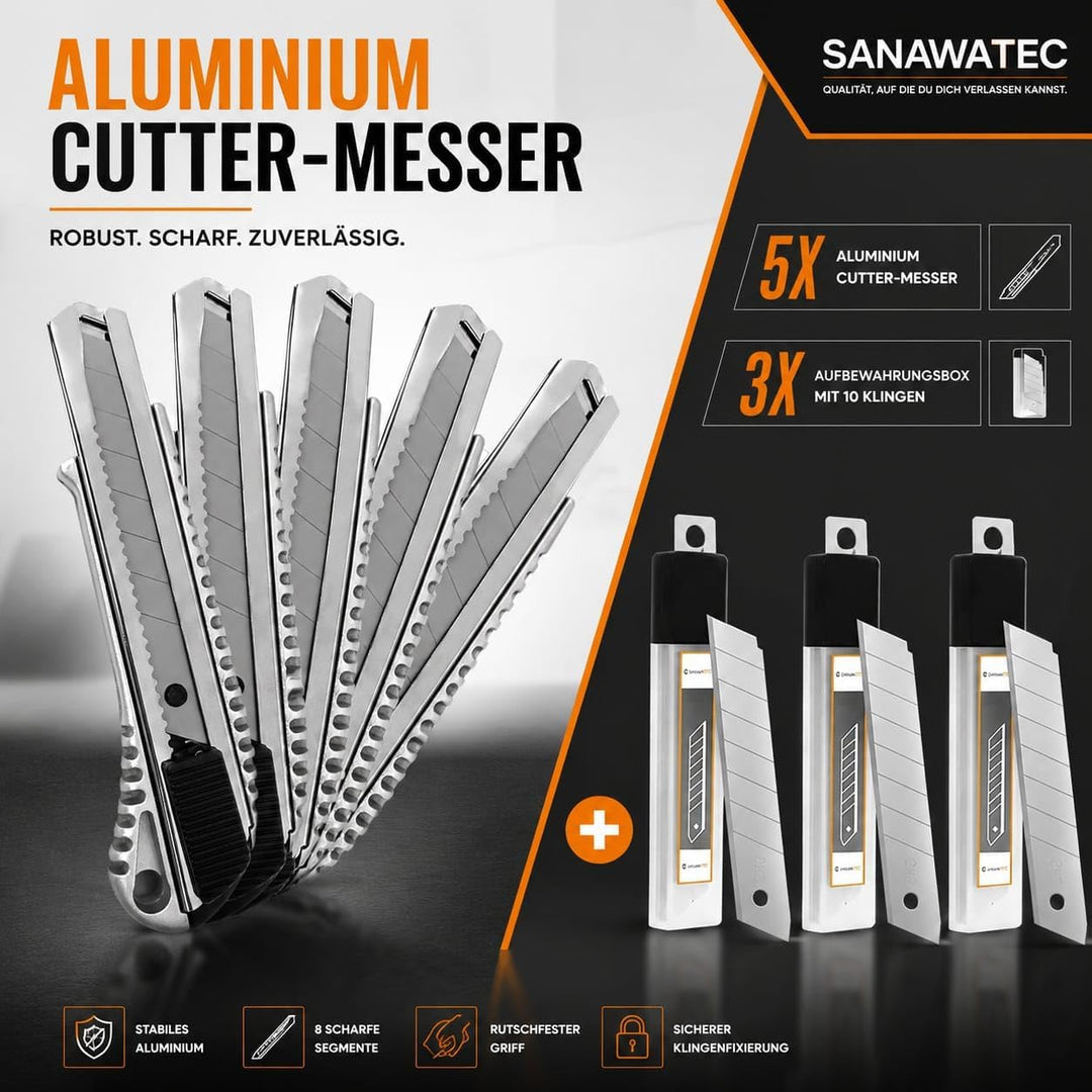 SANAWATEC 5x Cuttermesser profi 18mm + 30x Abbrechklingen Teppichmesser profi Katamesser cutter mess