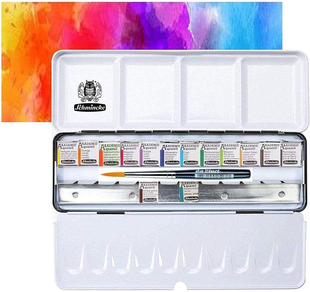 Schmincke Akademie Aquarell Malkasten, Metallkasten, 14 x 1/2 mit Da Vinci XS synthetic brush voyage