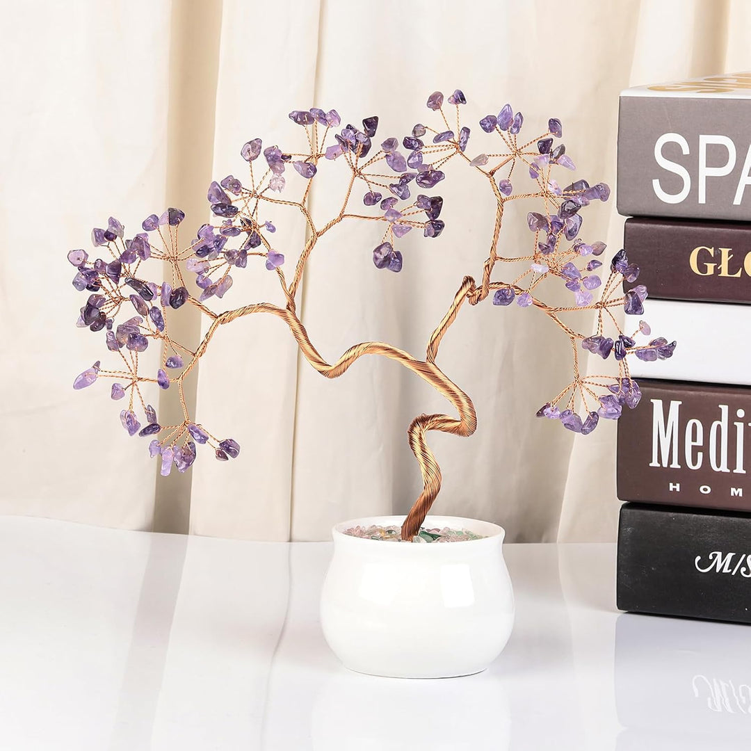 Nupuyai Amethyst Kristall Baum Feng Shui Edelstein Baum mit Keramische Basis, Glücksbaum, Geldbaum G