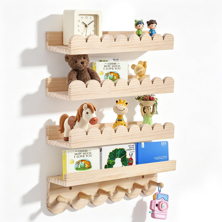 Wandregal Kinderzimmer 4er-Set aus Massivholz - Bücherregal mit 6 Haken für Bücher &amp; Spielzeug - Mon