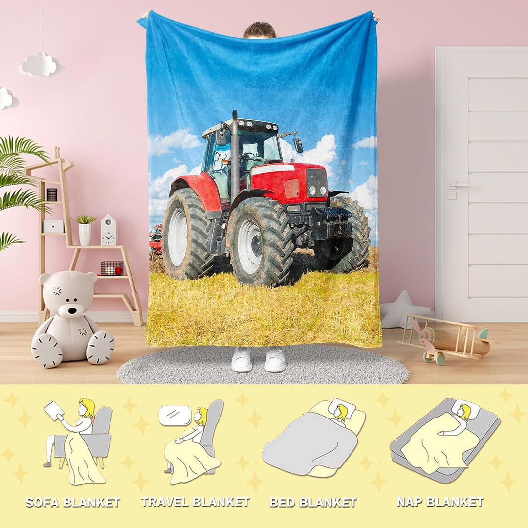 Rote Kuscheldecke Traktor 130×150 cm, weiche Plüschdecke im ländlichen pastoralen blauen Himmelsstil