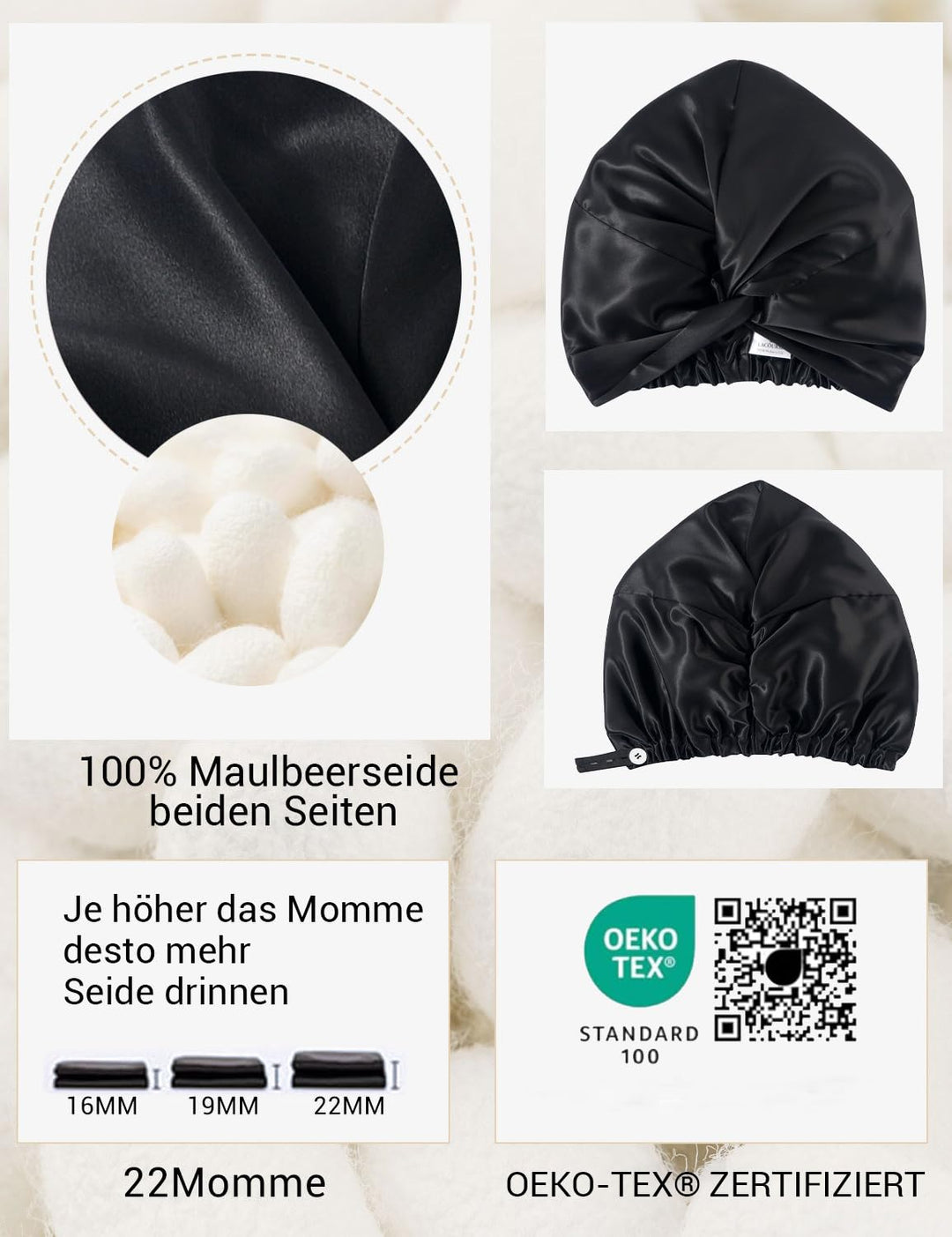 ‌LaCourse Rutschfeste Verstellbare Echte 22 Momme 100% Maulbeerseiden-Seidenhaube zum Schlafen, Dopp