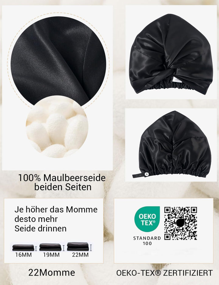 ‌LaCourse Rutschfeste Verstellbare Echte 22 Momme 100% Maulbeerseiden-Seidenhaube zum Schlafen, Dopp