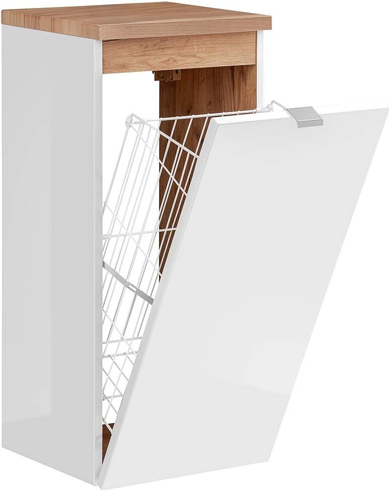 Lomadox Badezimmer Unterschrank mit Wäschekorb in Weiss-Hochglanz B/H/T ca. 35/80/35cm, Weiss