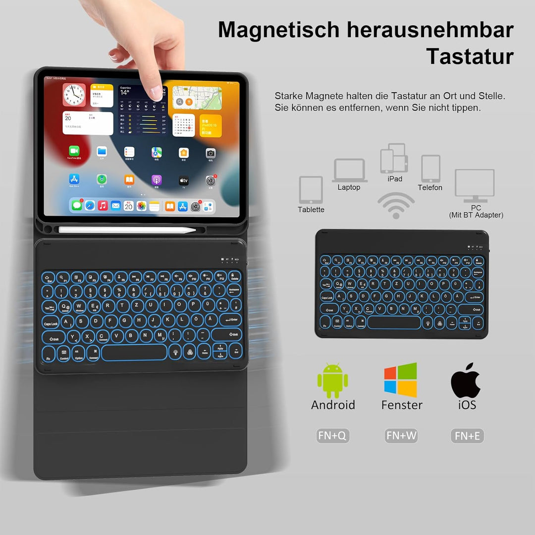 Hülle mit Tastatur für iPad 11 Generation A16/10 Generation (11/10.9 Zoll,2025/2022),7-farbige Beleu
