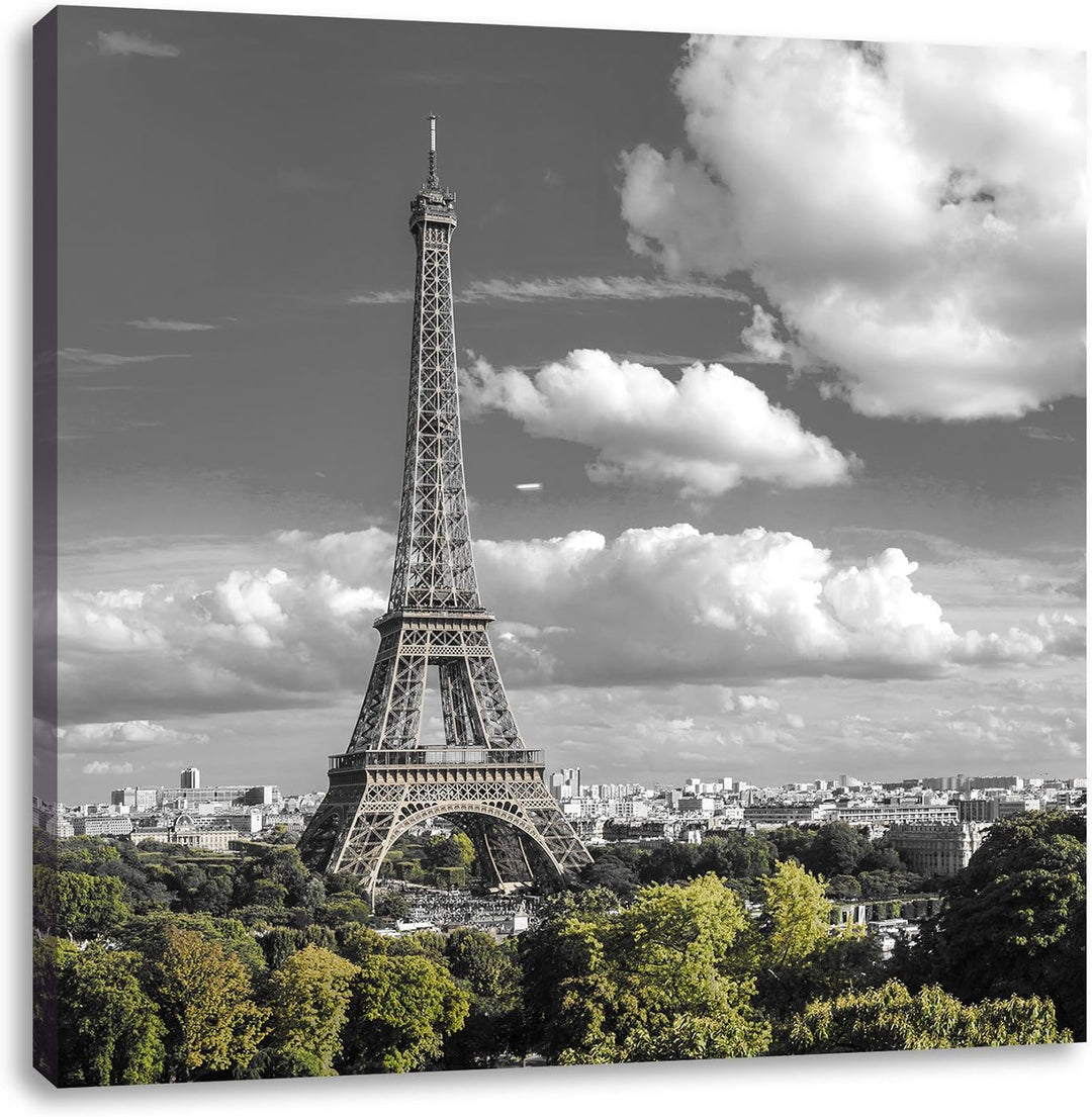 Pixxprint Riesiger Eiffelturm in Paris Schwarz/Weiss, Format: 70x70 auf Leinwand, 70x70