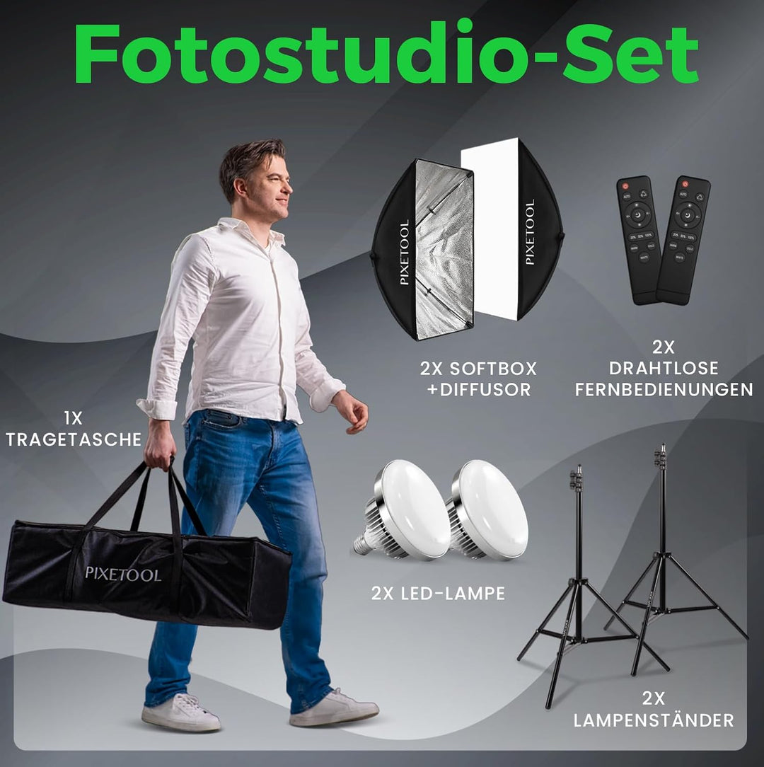 Fotostudio Set – 2 Softbox Licht, 2 Durchlichtschirm, 2 LED Lampen 4800 Lumen 3000-6000K – 50x70 cm