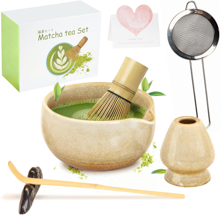 Matcha Set Handgedrehtes Macha Tea Set mit Bambus Matcha Besen, Keramik Matcha Schale, Löffel und Ha