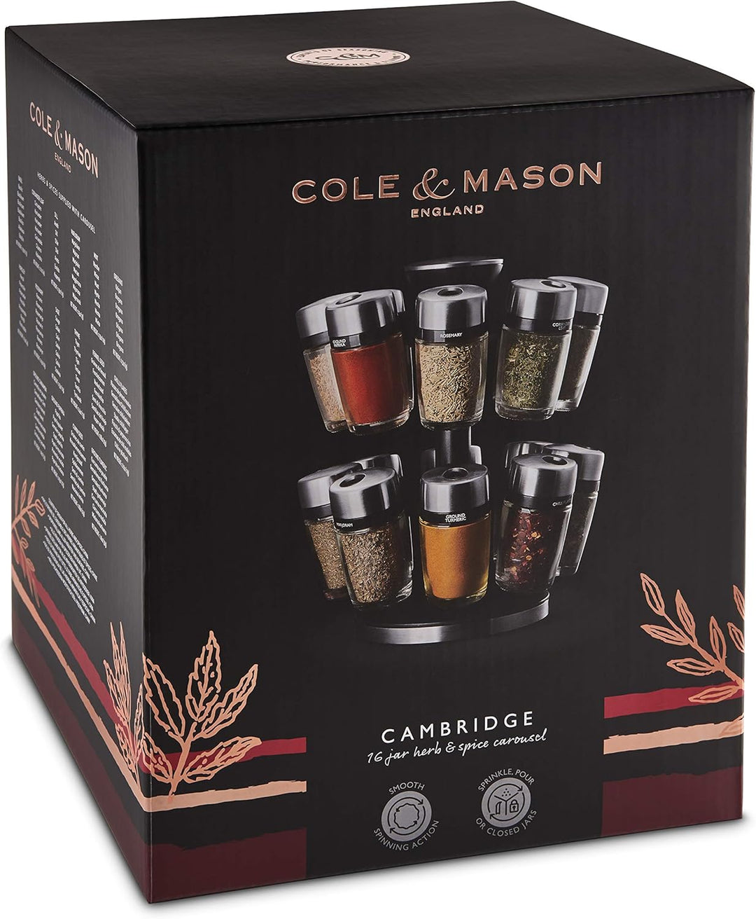 Cole & Mason H121808 Cambridge Gewürzregal mit 16 Gewürzgläsern, 360 Gewürzkarussell/Gewürzregal Ste
