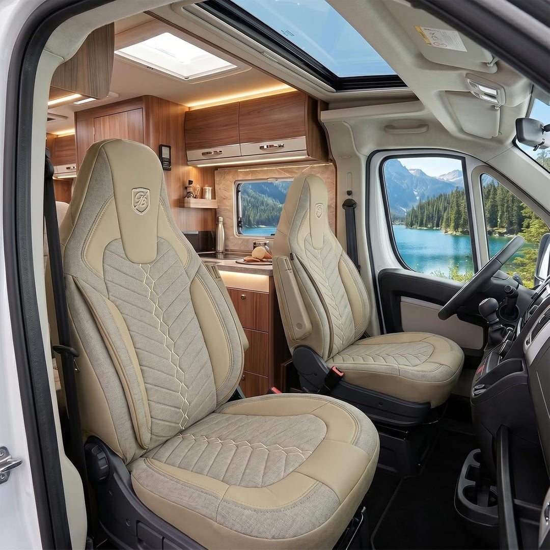 Autositzbezüge Universal für Wohnmobil & Caravan - Vordersitze Auto Sitzbezug aus Leinen, Beige, Air