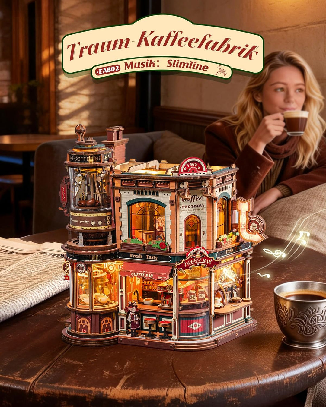 ROKR Dream Coffee Factory EAB02 DIY Miniatur Puppenhaus Spieluhr für Erwachsene, Mechanisches Kaffee