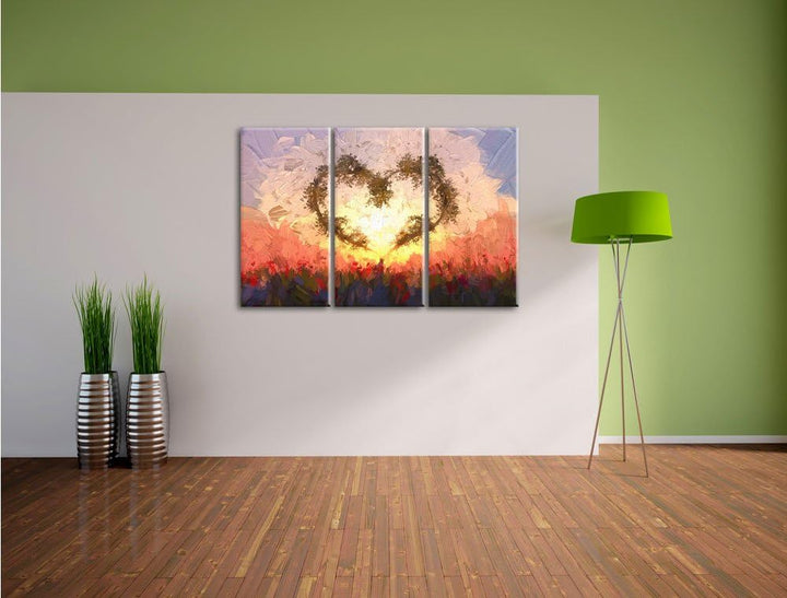 Pixxprint Herz aus Bambus Kunst / 3-Teilig/Gesamtmass 120cm Leinwandbild bespannt auf Holzrahmen/Wan