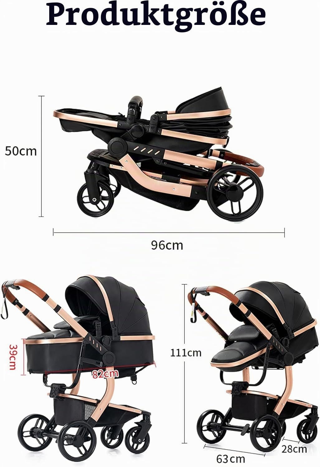 MoLi PU-Leder Kinderwagen 3 in 1, Kinderwagen mit Umkehrbarem Doppelschiebemodus, Buggy Grosser Bequ