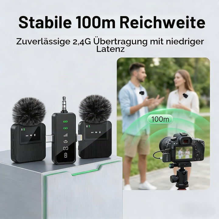 2.4G Kabelloses Lavalier Mikrofon (2TX-1RX) – 18H Akkulaufzeit, 100m Reichweite, DSP-Rauschunterdrüc