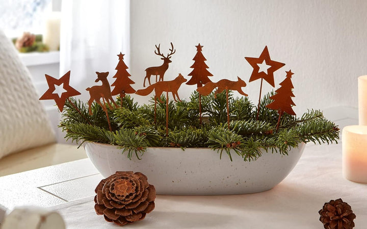 Dekoleidenschaft 9 Deko-Stecker Winterwald aus Metall in Rost-Optik, Metallstecker für Gestecke, Krä