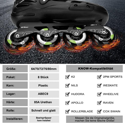 Inline Skate Rollen 80mm 76mm 72mm - 8 Stück Inline Skate Räder 85a inliner rollen mit kugellager AB