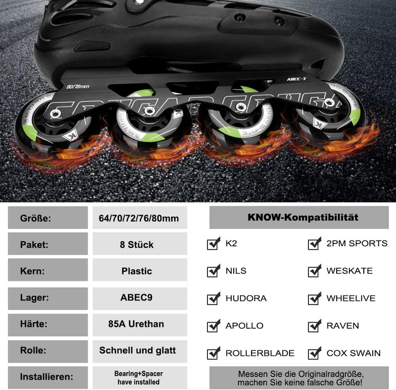 Inline Skate Rollen 80mm 76mm 72mm - 8 Stück Inline Skate Räder 85a inliner rollen mit kugellager AB