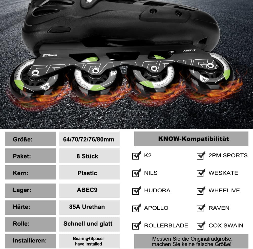 Inline Skate Rollen 80mm 76mm 72mm - 8 Stück Inline Skate Räder 85a inliner rollen mit kugellager AB