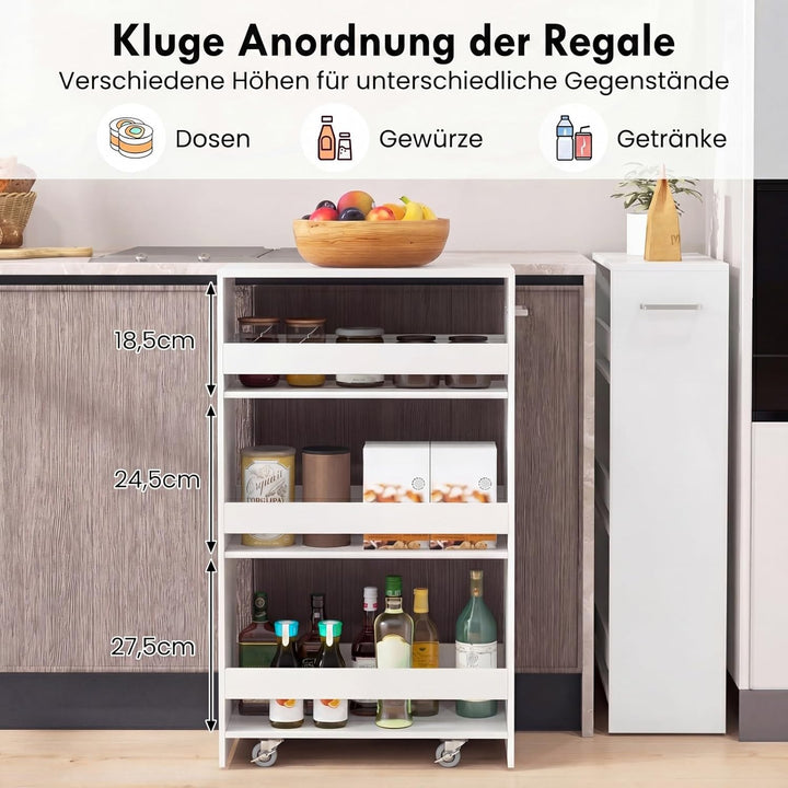 COSTWAY Nischenwagen 20cm breit, 4 Etagen Küchenwagen schmal, Nischenregal auf Rollen, Servierwagen