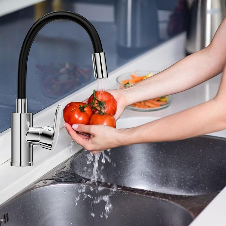 Spültischarmatur 360° Drehbar, Wasserhahn Küche Schwarz, Mischbatterie mit Flexibler Auslauf, Küchen