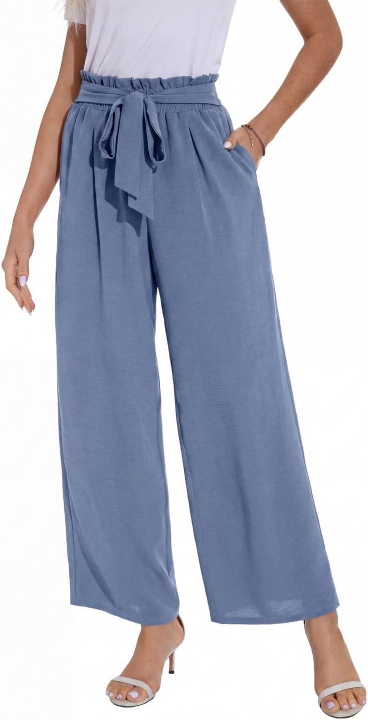 PrinStory Damen Hose Mit Weitem Bein Leichte Elastische Taille Sommer Hose Mit Taschen Kausale Arbei