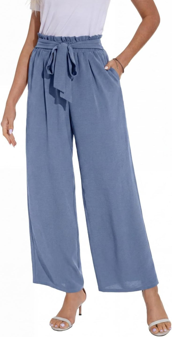 PrinStory Damen Hose Mit Weitem Bein Leichte Elastische Taille Sommer Hose Mit Taschen Kausale Arbei