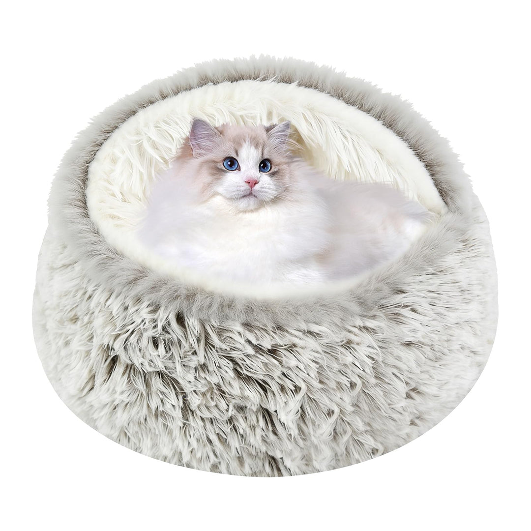 Katzenbett, Katzenhöhle mit rutschfeste Unterseite, Katzenkissen mit Plüsch Kapuze, Katzenschlafsack