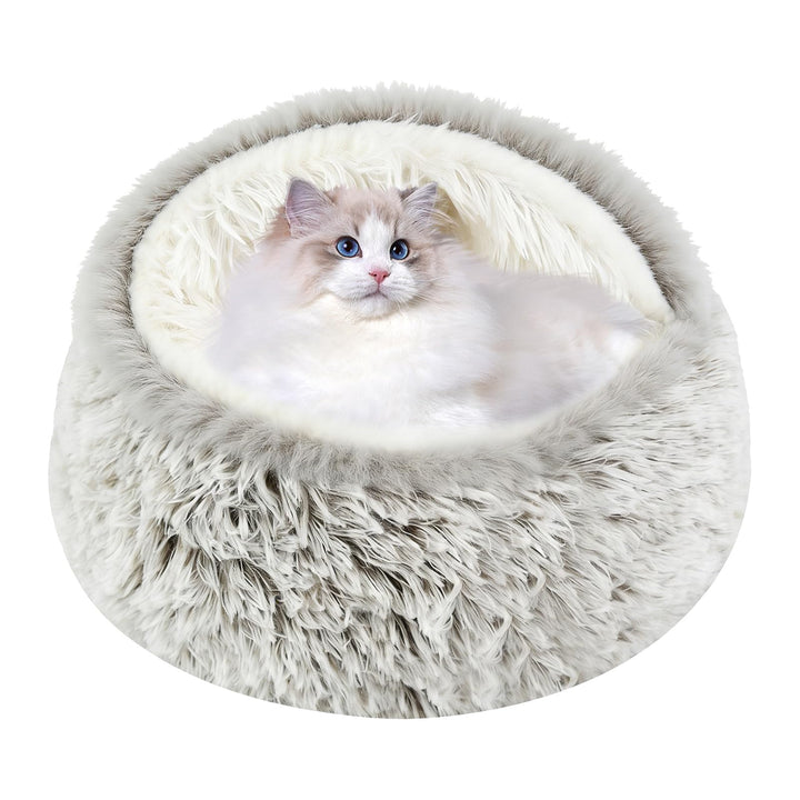 Katzenbett, Katzenhöhle mit rutschfeste Unterseite, Katzenkissen mit Plüsch Kapuze, Katzenschlafsack