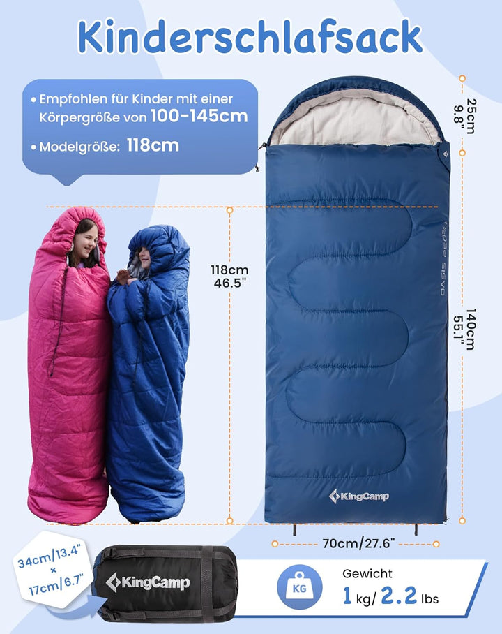 KingCamp Kinderschlafsack 3 Jahreszeiten Deckenschlafsack für Kinder 100-140cm Leicht Warm für Campi