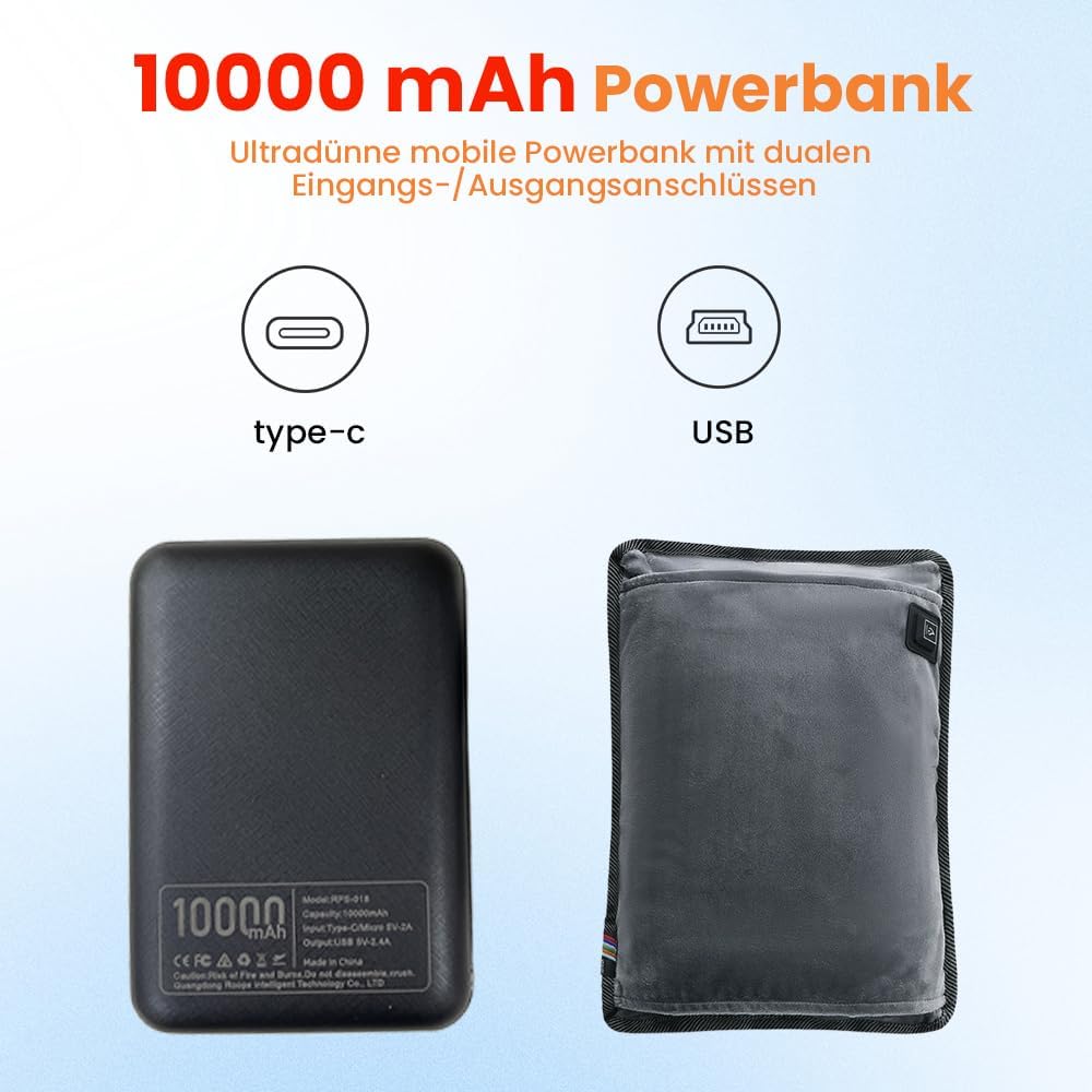 Beheizbarer Handmuff, Handmuff Elektrisch 10000 mAh Powerbank, USB Beheizbare Handwärmer mit Verstel