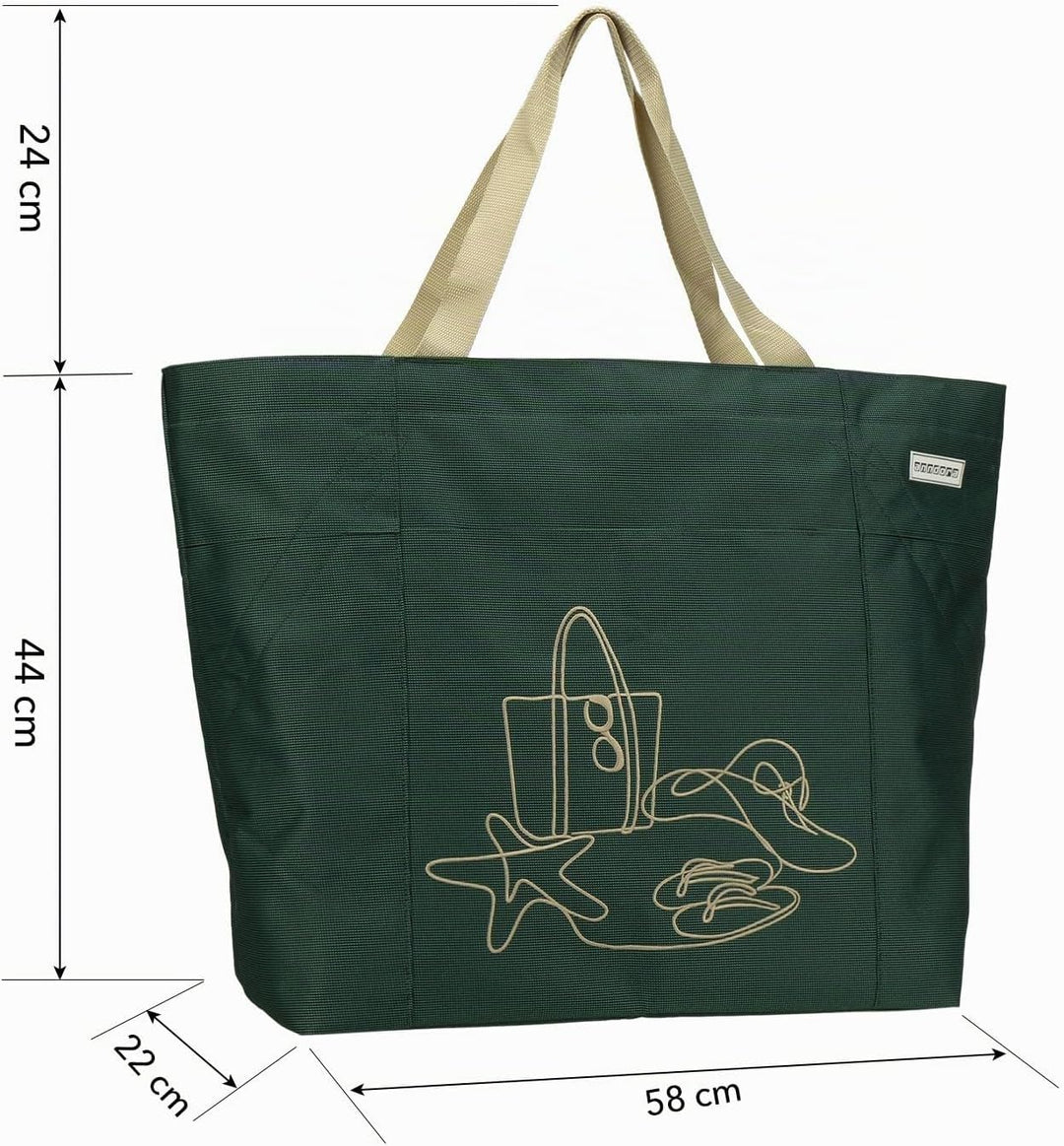 anndora XXL Shopper GREEN - Strandtasche 40 Liter Schultertasche Einkaufstasche dunkelgrün bestickt,
