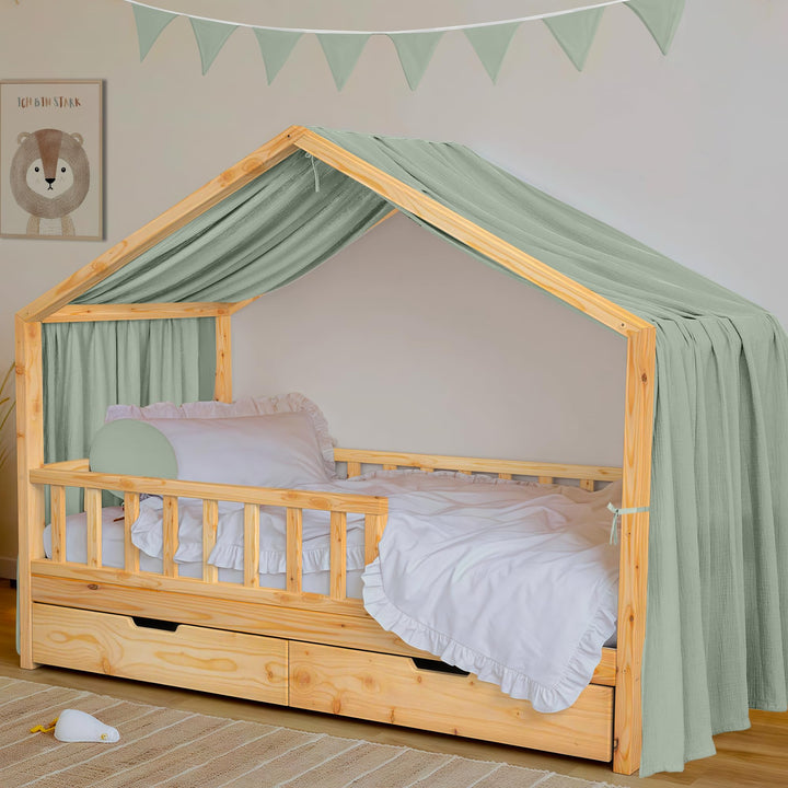 Hausbett Himmel Deko Set, Betthimmel Hausbett aus Musselin - 1 Betthimmel & 1 Wimpelkette, für Junge
