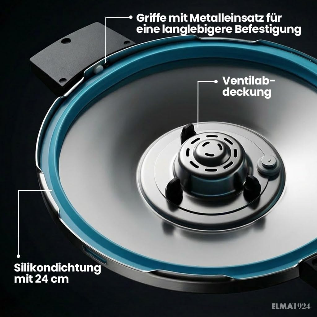 ELMA Prêst Schnellkochtopf 8 Liter, Ø 24 cm | 18/10 Edelstahl, Induktionsgeeigneter Kapselboden, 2 G