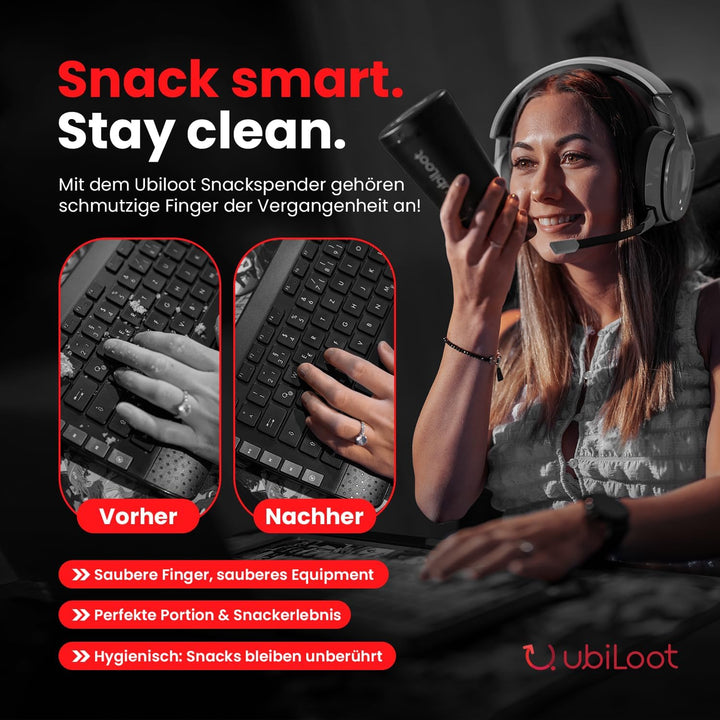 Innovativer Snackspender für saubere Hände & Equipment [485ml] - Ideal für Gaming, Büro & Freizeit -