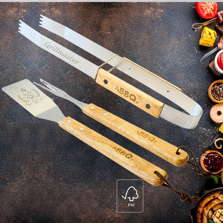 Grill-Set mit Gravur Edelstahl – BBQ Geschenkset OPTIONAL mit Akazienbrett – Grillzubehör für Männer