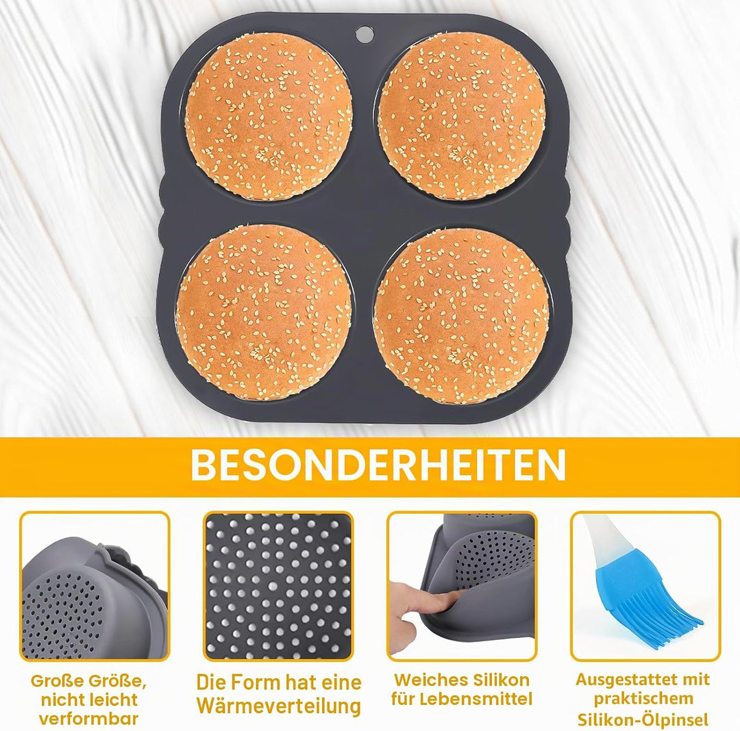 Burger Buns Backform Silikon, 23.5 X 23.5 X 4cm Burgerbrötchen Backform Rund 4 Gitter 10cm Brötchenb