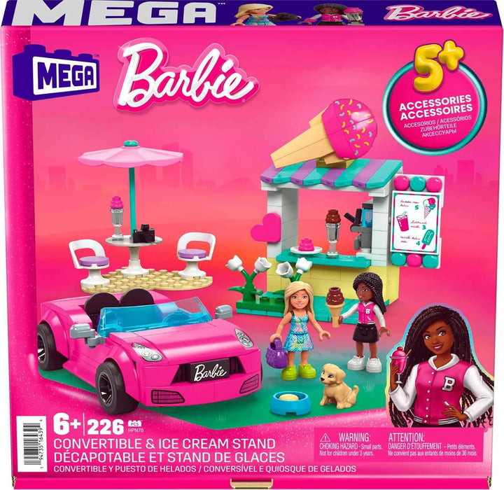 MEGA Barbie Autobauspielzeug Spielset, Cabrio & Eisständer mit 225 Teilen, 2 Mikropuppen und Zubehör