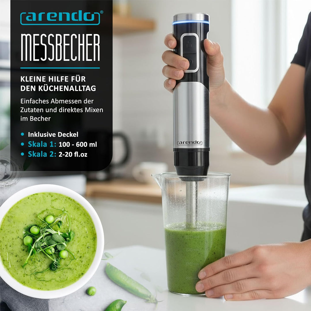 Arendo - Stabmixer kabellos - 200 Watt – mit Akku - Edelstahl Handmixer – Pürierstab – Schneebesen –