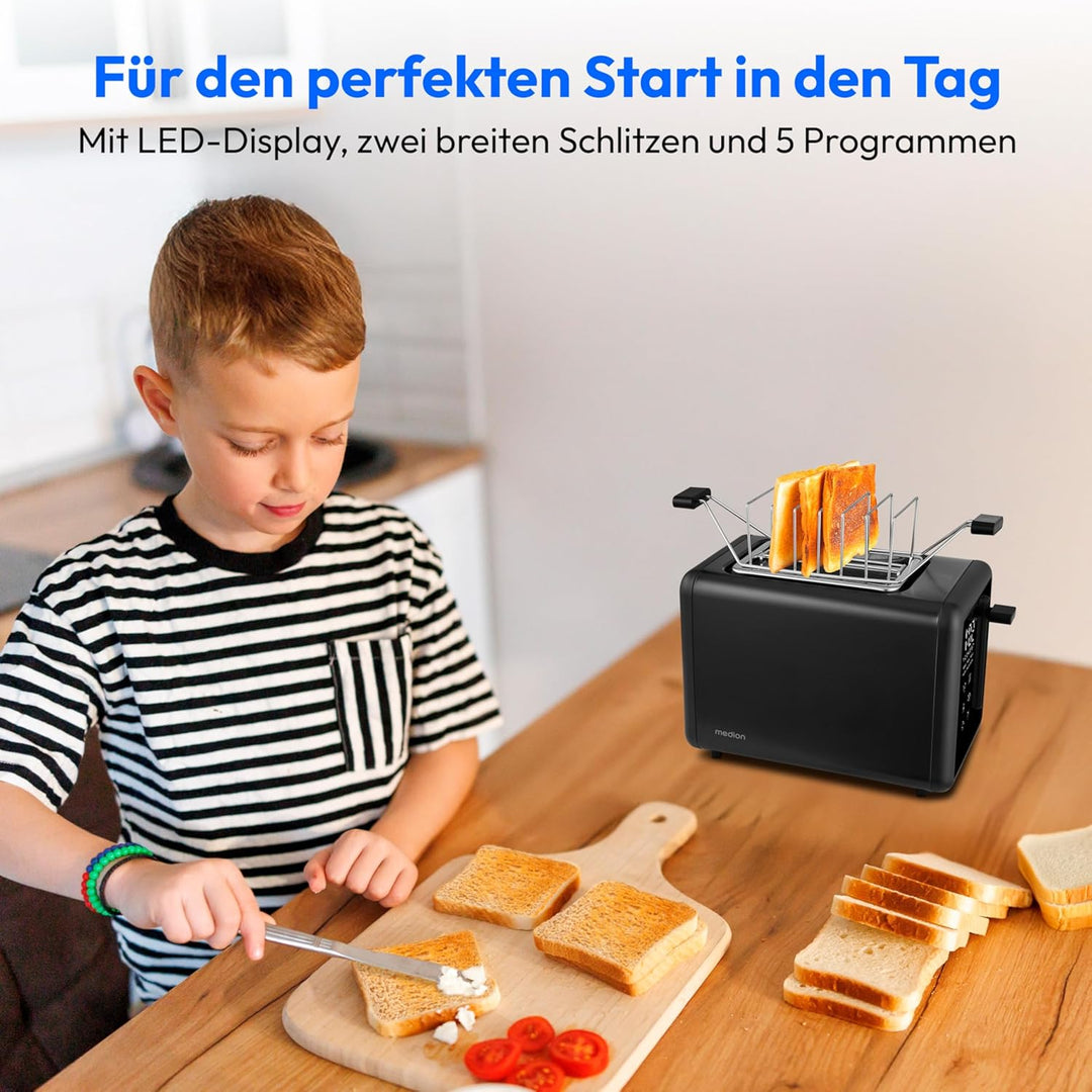 MEDION Toaster 2 Scheiben mit Brötchenaufsatz (7 Bräunungsstufen, 5 Automatikprogramme, 850 Watt, Au
