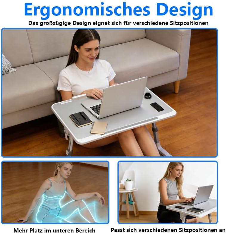 Laptoptisch fürs Bett, 5-Höhenverstellbar, Winkelverstellbar, Betttisch Klappbar mit Laptop Kühler,
