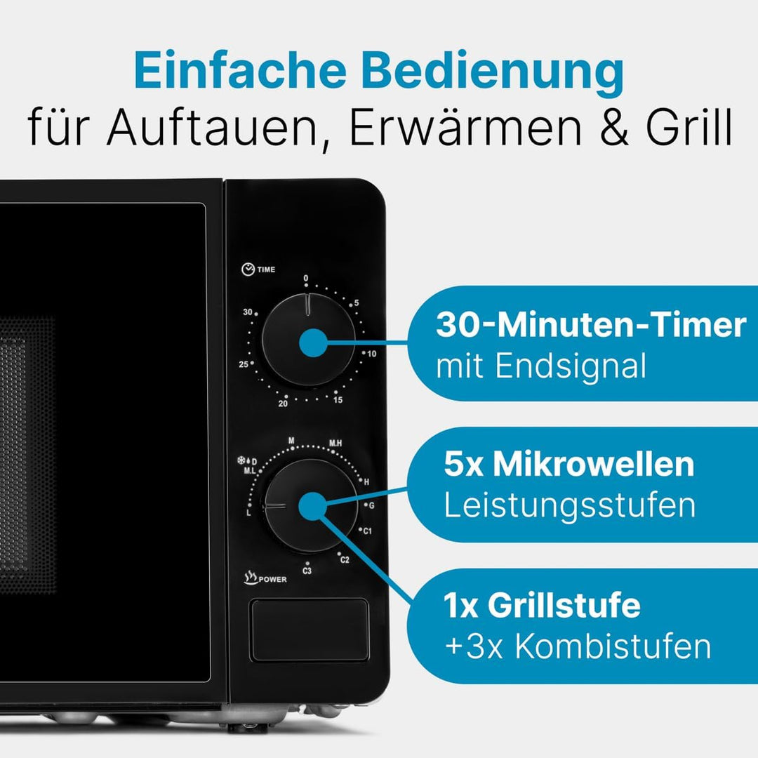 Clatronic® Mikrowelle mit Grill | 800 Watt | 5 Stufen | 20 Liter Garraum | 360° Drehteller | Timer m