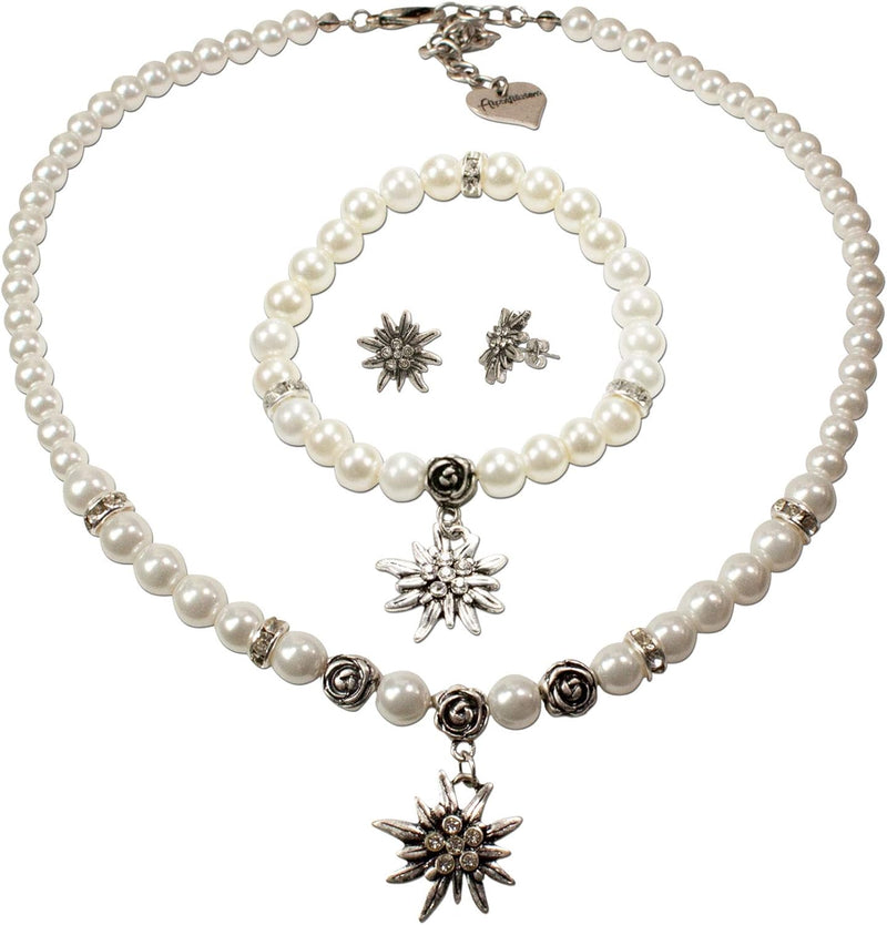 Alpenflüstern Trachtenschmuck-Set Perlen-Trachtenkette, Armband und Ohrstecker Strass-Edelweiss - Da