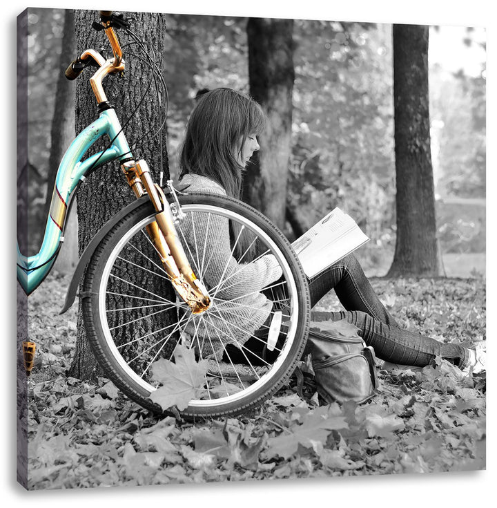 Pixxprint Junges Mädchen mit Fahrrad schwarz/weiss, Format: 70x70 auf Leinwand, 70x70