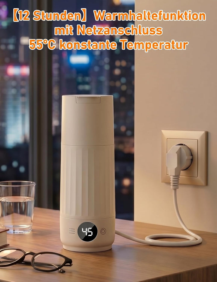 Reisewasserkocher, Mini Wasserkocher mit 9 Temperaturstufen, Tragegriff | 600ml, 4-in-1, Doppelschic