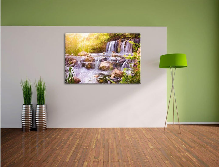 Pixxprint Wasserfall / 100x70cm Leinwandbild bespannt auf Holzrahmen/Wandbild Kunstdruck Dekoration,