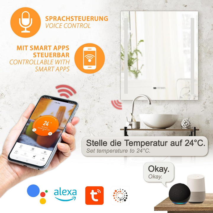 Infrarot Spiegelheizung Heizspiegel LM400-Pro 70x80cm 400W mit Beleuchtung, Tuya Smart App, Antibesc
