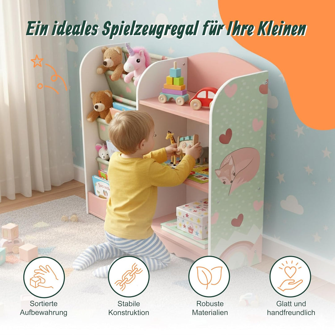 Relaxdays Kinderregal, HxBxT: 80 x 82 x 26 cm, 4 Fächer, 3 Hängefächer, Aufbewahrungsregal Kinderzim