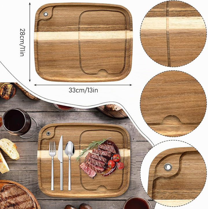 6er Set Steakbretter aus Akazienholz, Holz Steak Servierbrett mit Saftk, Küche Schneidebrett Steakte