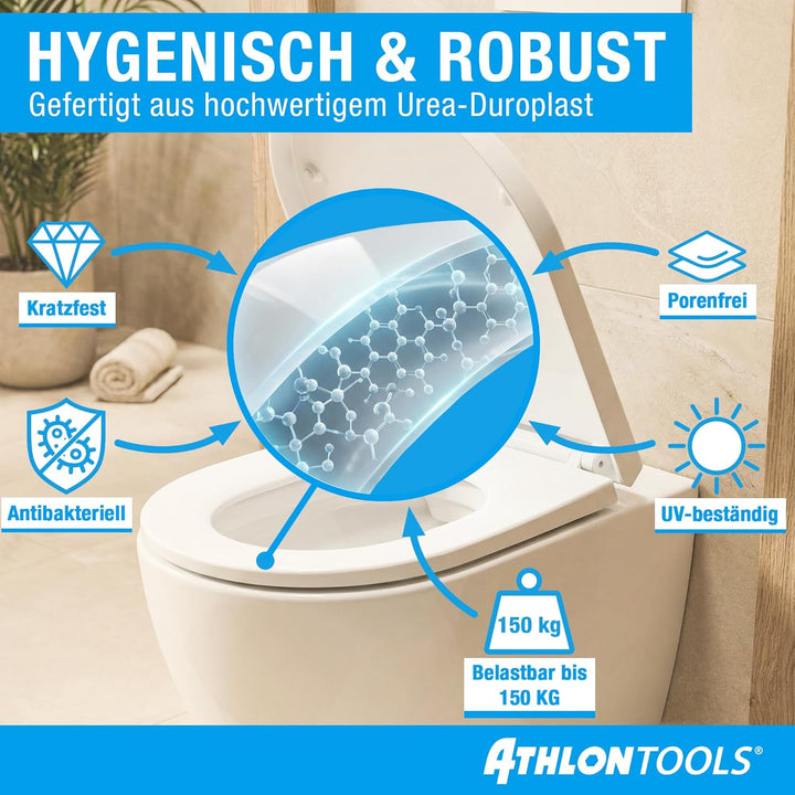 ATHLON TOOLS Toilettendeckel mit Absenkautomatik D-Form – Duroplast WC Sitz, Soft-Close & Quick-Rele